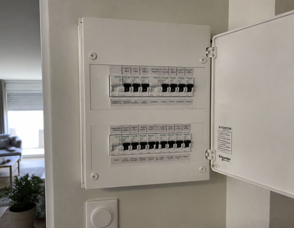 Tableau électrique Schneider installé dans une maison, photo réelle de chantier