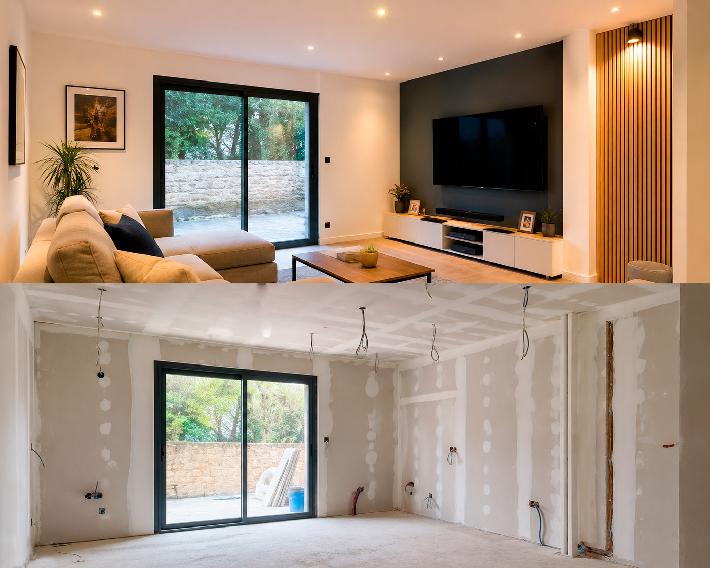 Rénovation électrique complète d'un salon avec spots LED encastrés, avant et après, Presqu'île de Crozon