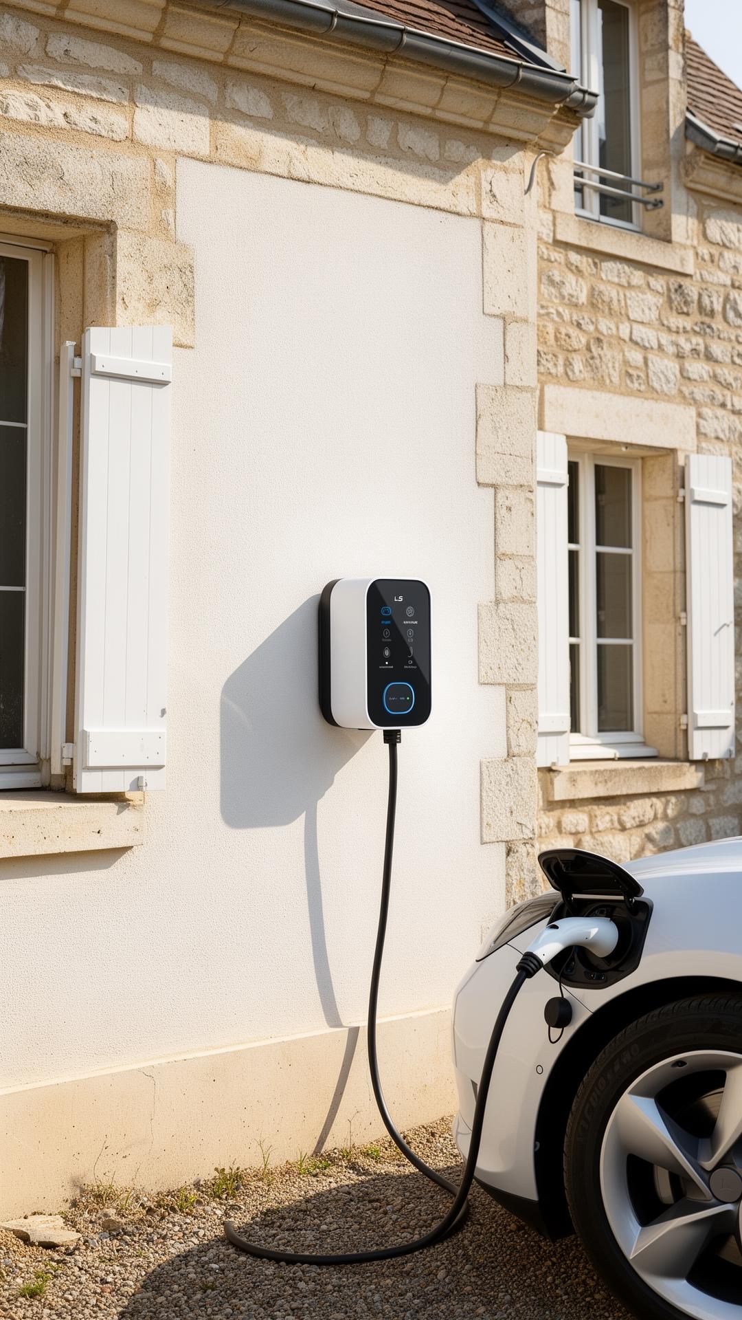 Borne de recharge IRVE installée sur la façade d'une maison en pierre dans le Finistère