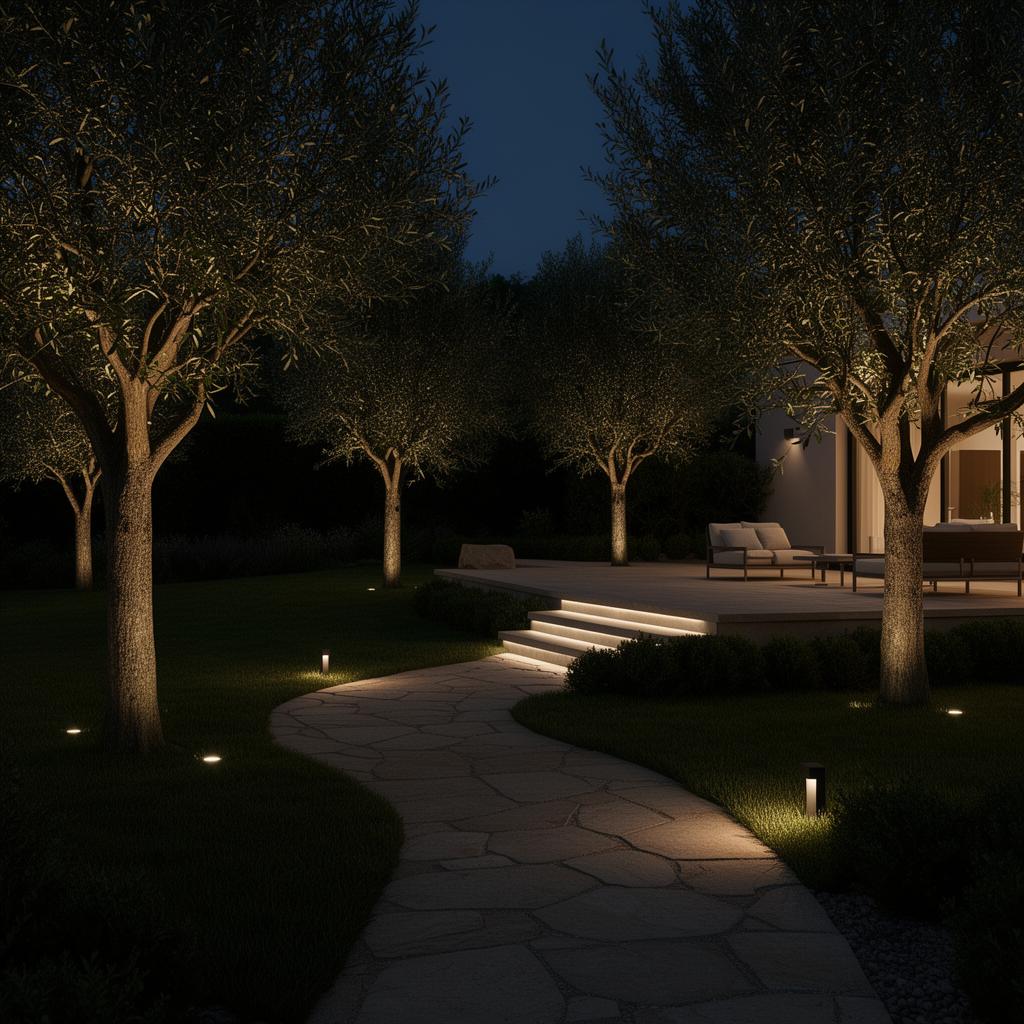 Mise en lumière discrète d'un jardin et d'une terrasse dans le Finistère